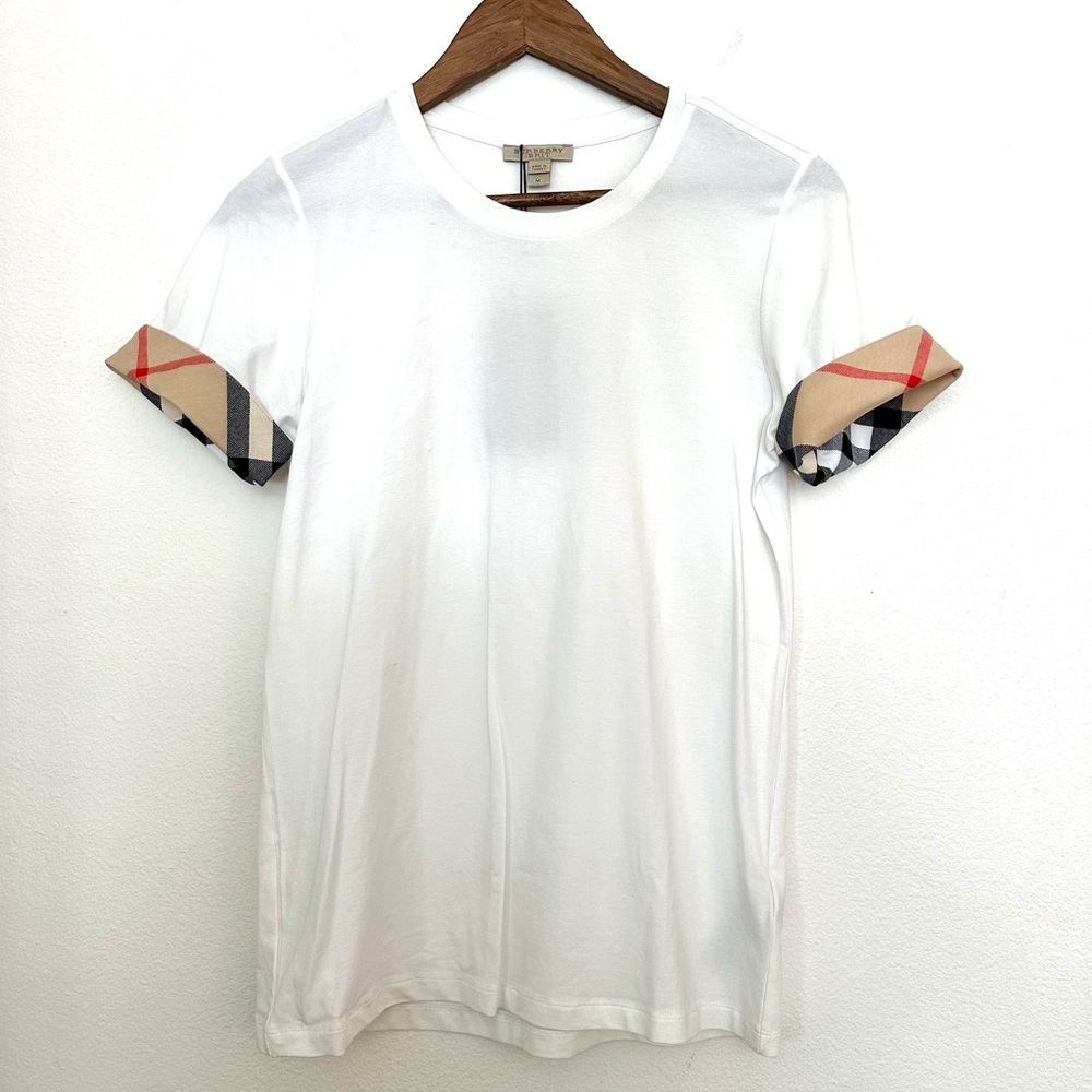 NWT Burberry Check Cuff Stretch Cotton T-Shirt in White size Medium